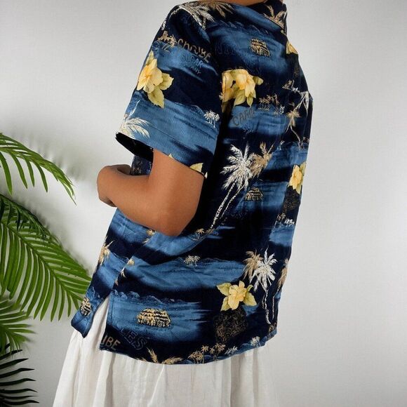 Caribbean Joe Women's Navy Floral Floral Hawaiian Button Down Summer Shirt / M - Picture 4 of 6